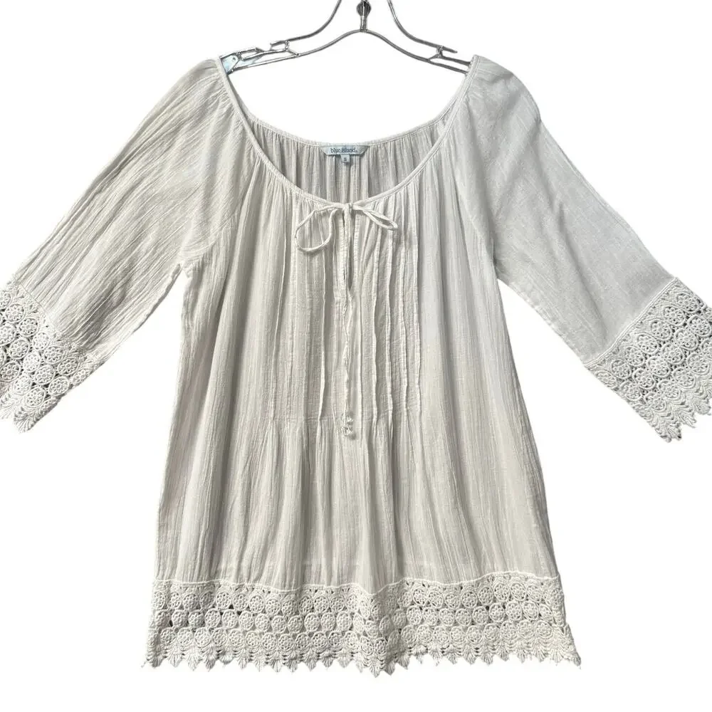 Blue Island Lace Border Sleeves and Hem Long Sleeve Swim Cover-Up  Women S White